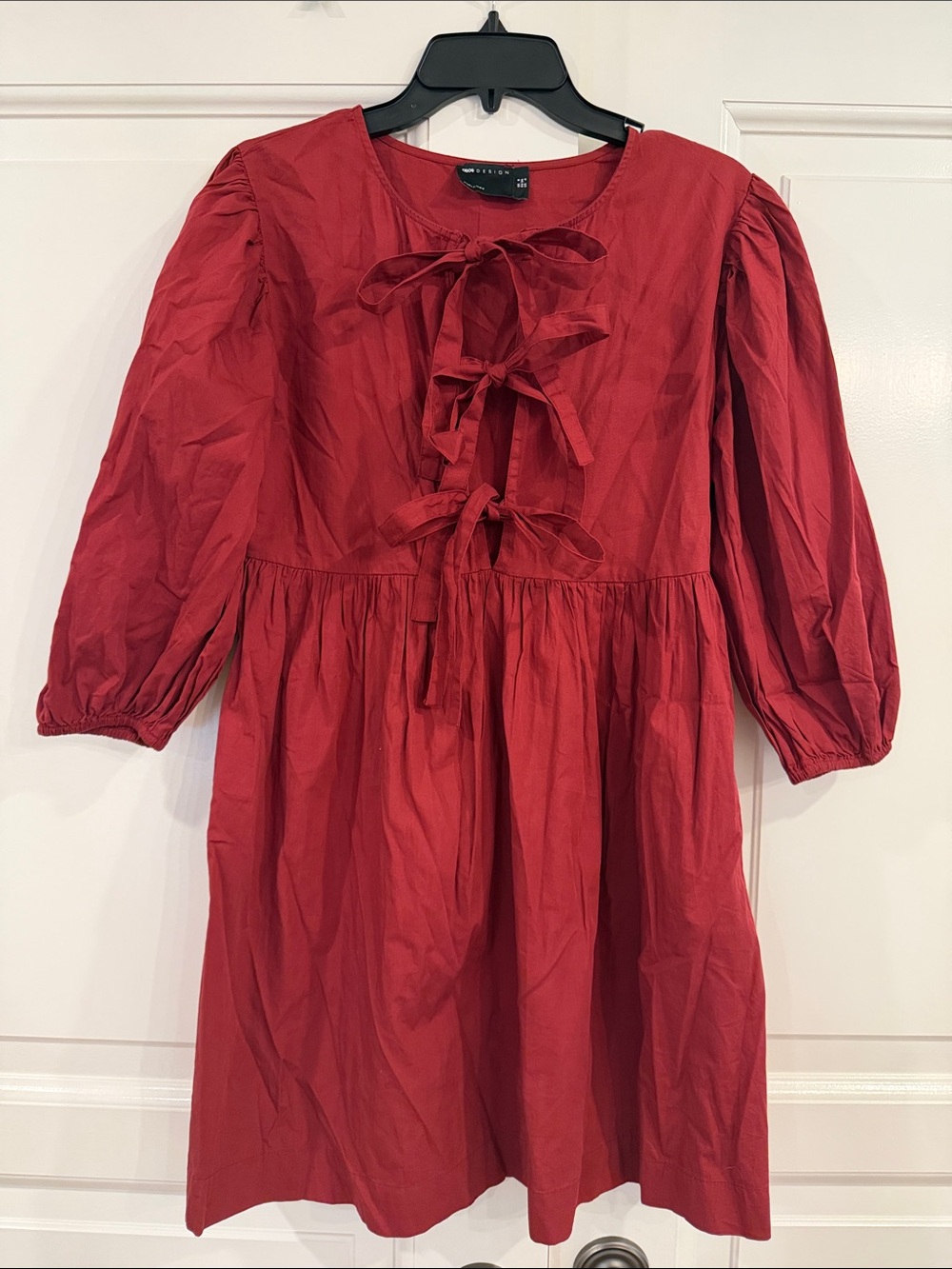ASOS Crimson Tie-Front Puff Sleeve Smock Dress